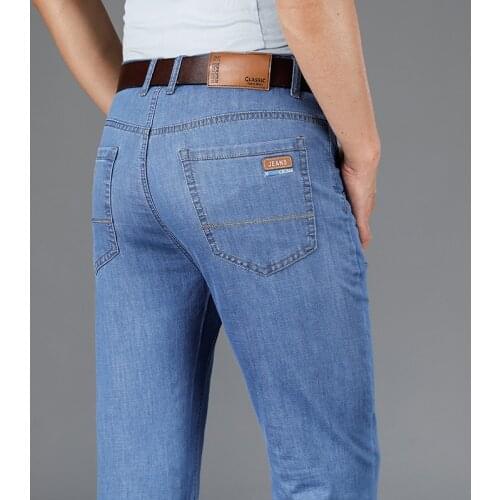 2020 Brand Top Classic Style Men Ultra-thin Jeans Business Casual Light Blue Stretch Cotton Jeans Male Brand Trousers