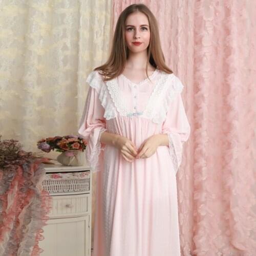 Nightgown Long sleeve Sleepwear Cotton Lace Nightgown Woman Princess Sleepwear Long Gown Pink Nightdress Loose Nightgowns