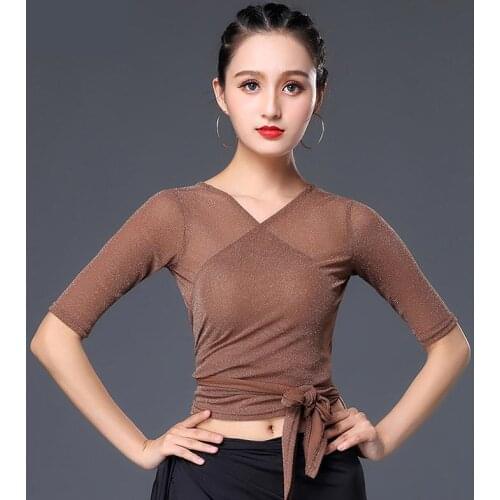 2019 Summer New Sexy V-neck Short-sleeve Adult Latin Dance Tops Ballroom Dance Salsa Chacha Rumba Practice Clothes Shirt 3 Color