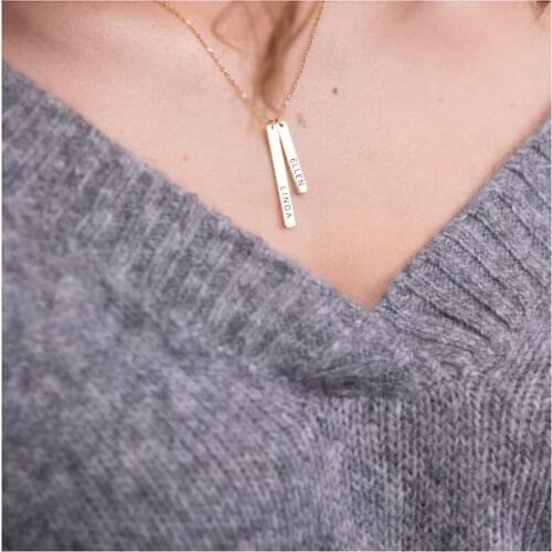 Visunion New Double Bar Pendant Necklace 316L Stainless Steel 14K-Gold Plated Engraving Name Jewelry for Friends Custom Gift