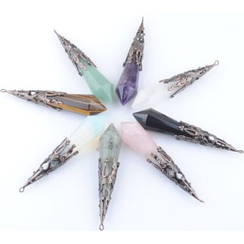 Wholesale 8Pcs/Lot Retro Pendants Natural Stone Pendulum For Divination Wicca Birthstone Bronze Amethysts Tigers Eye Opal QBN423