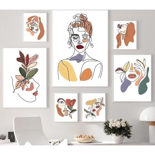 Self-adhesive wall stickers Abstract Line Woman Face Posters and Prints Colorful Style Picture Living Room Wall Home Decoration