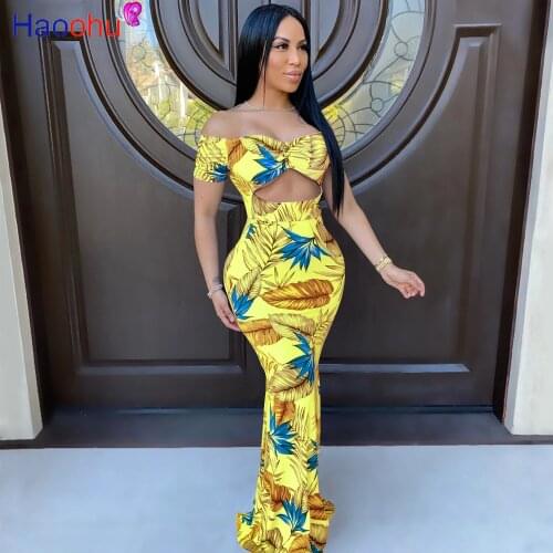 HAOOHU Sexy Leaf Print Night Club Party Dress Women Summer Vestidos Elegant Off Shoulder Backless Bodycon Mermaid Maxi Dresses