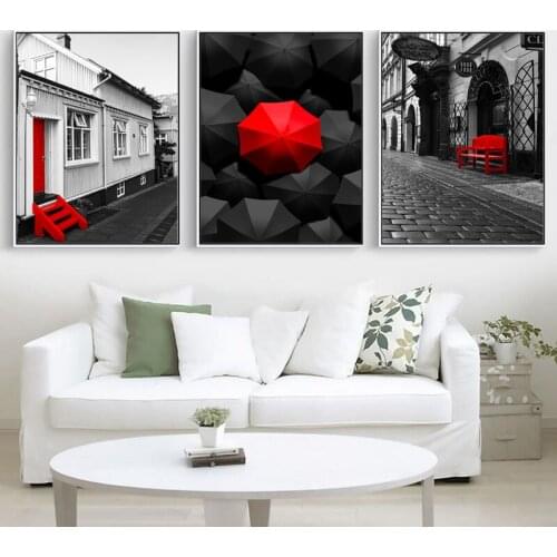 Nordic Canvas Painting Building Black background red umbrella Decoration Wall Art Posters And Prints Pictures For Living Room