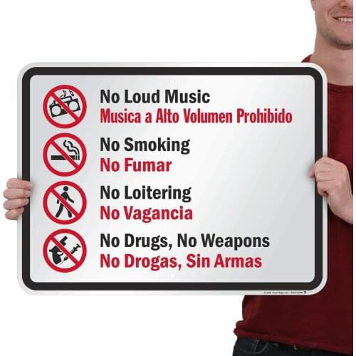 SmartSign K7525AL8x8 "No Loud Music, Smoking, Loitering, Drugs, Weapons" Bilingual Sign | 8" x 8" Aluminum Black/Red on White