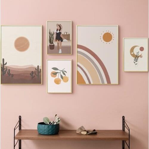 Modern Abstract Rainbow Illustration Boho Moon Landscape Desert Print Beige Poster Wall Art Picture Canvas Painting Home Decor