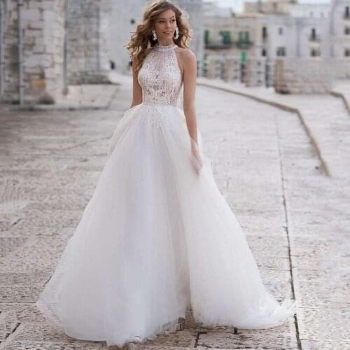 Country Boho Wedding Dress 2021 Robe de Mariage High Neck Lace Bridal Dresses Pearls Sash Vintage Wedding Gowns Applique Beach