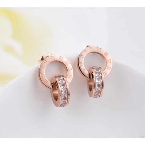 Top Brand Hight Quality Titanium Steel Double Wound Roman Numerals Crystal Stud Earrings For Women Gift Jewelry