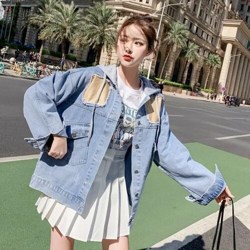 2020 Fashion Spring The New Hooded Splice Pocket Hole Denim Jacket Free Shipping
