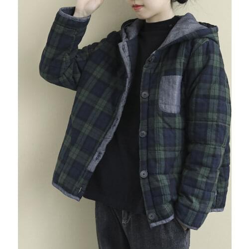 Aransue Large Size Female Hooded Jacket Literature And Art Cotton Padded Top Plaid Casual Coat, A565