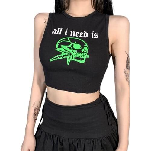 Fashion Womens Slim Fit Tank Tops 90s E-girls Gothic Sleeveless Camis Y2K O-Neck Skull Letter Crop Tops Club Streetwear Tees