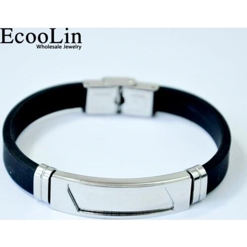 20Pcs Fashion Wristband black Punk Rubber Silicone Stainless Steel Men Bracelets Bangles pulseras hombre caucho LR4092