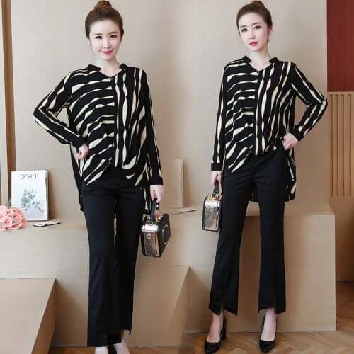 2021 New Women Fashion Autumn Suits v-Neck Full Sleeve Casual Loose Striped Blouse And Pant 2 Two Pieces Women Sets Plus Size