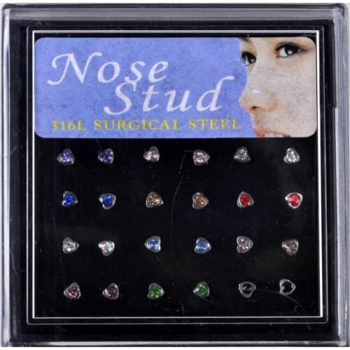 24Pcs/Boxed Stainless Steel Heart Shape Crystal Nose Ring Piercing Nose Studs Ear Bone needle Women Men Body Jewelry
