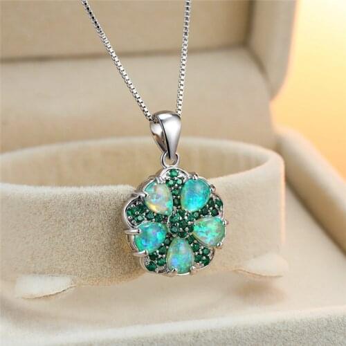Dainty Crystal Flower Wedding Necklace Charm Female Opal Stone Pendant Necklace Rose Gold Silver Color Chain Necklaces For Women