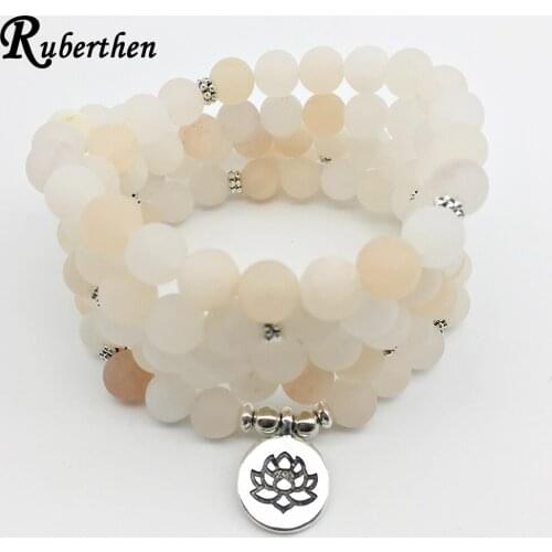 Ruberthen Matte Pink Aventurine Women`s Yoga Bracelet Healing 108 Mala Balance Bracelet Lotus Charms Head Spiritual Jewelry