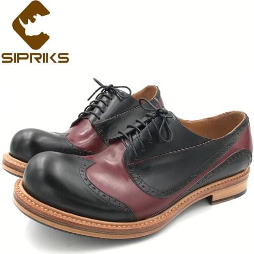 Sipriks New Style Mens Calfskin Dress Shoes Round Toe Wingtip Formal Tuxedo Shoes Custom Sewing Welted Wine Red Black Shoes 46