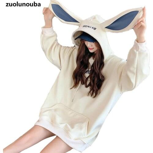 2020 New Autumn Cute Rabbit Ears Women Hoodie Korean Version Loose Lazy Ins Medium And Long Letter Print Sweet Ladies Sweatshirt