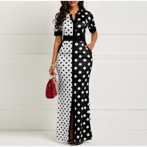 Clocolor African Dress Vintage Polka Dot White Black Printed Retro Bodycon Women Summer Short Sleeve Plus Size Long maxi Dress