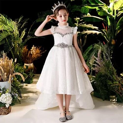 Flower Girl Dresses Illusion Lovely Crystal High Short Princess Knee-Length Tulle Lace Luxury White Elegant Kids Party Gown H446