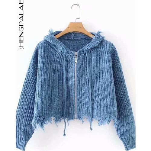SHNEGPALAE Streetwear Tassel Short Sweater Coat Womens Autumn 2021 New Hooded Large Size Zipper Long Sleeve Knitted Cardigan