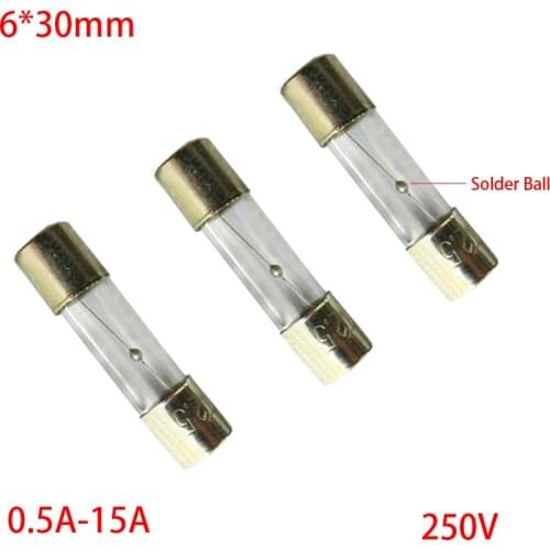 T0.5A T500MA T1A T2A T3A T4A 5A 8A 10A 15A 250V AC 6*30mm 6x30mm Delay Slow Blow Glass Tube Fuse Link With Solder Ball