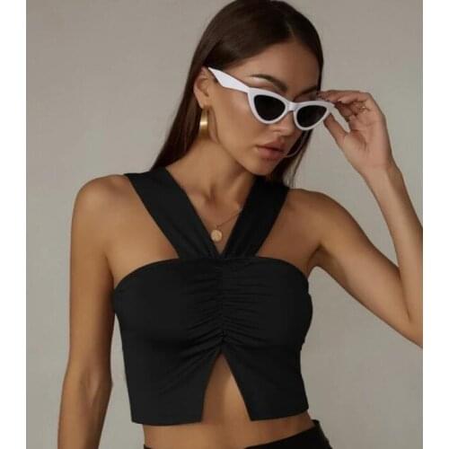 Sexy Women’s Backless Camisole Solid Color Pleated Irregular Crop Top Sleeveless Split Exposed Navel Tops Ladies Short Tank Top
