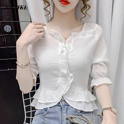 Blusas Mujer De Moda 2021 Summer Casual White Sexy Blouses Women Korean Slim Blue Corset Top Blouse Ruffles Crop Chiffon Shirts