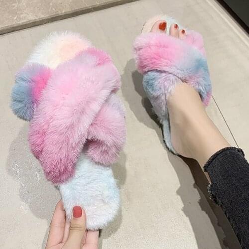 Winter Women Fur Indoor Slippers Cross-strap Mix Color Flat Non Slip Sole Fluffy Faux Furry Soft Cozy Home Shoes Ladies Casual