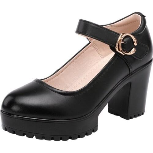 Heels Women; Thick-soled Round Toe Buckle Large Size Womens Shoes Catwalk Shoes Single Shoes Zapatos Mujer Ladies Dress Shoes