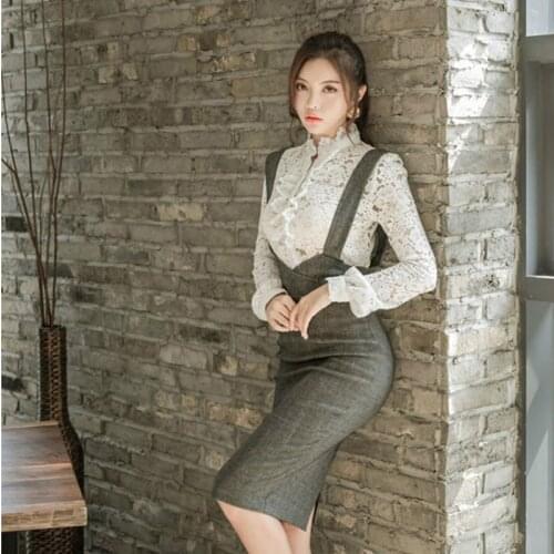 Womens Suit Spring and autumn new fashion lace shirt + Slim bag hip womens OL office lady strap skirt two-piece set