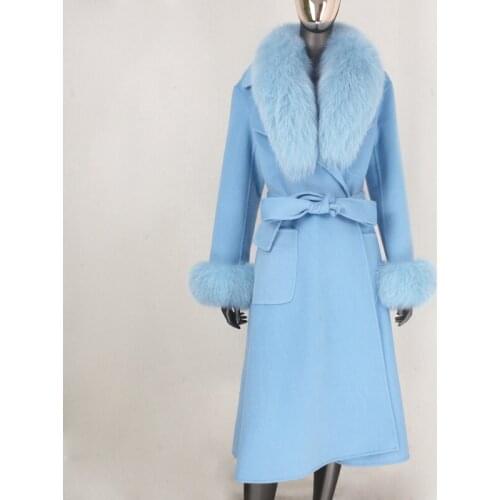 FURBELIEVE 2020 X-long Cashmere Wool Blends Real Fur Coat Belt Winter Jacket Women Natural Fox Fur Collar and Cuffs Streetwear