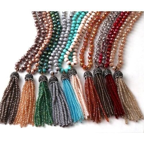 Fashion Bohemian Tribal Jewelry Glass Knotted Crystal Tassel Necklaces For Women Ethnic Necklace