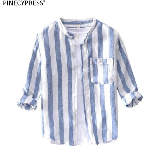100% Linen Cool Dry Fast Breathable Anti-static Anti-radiation Three Quarter Sleeve Man Shirts Stripe Blue Summer Flax Men Shirt