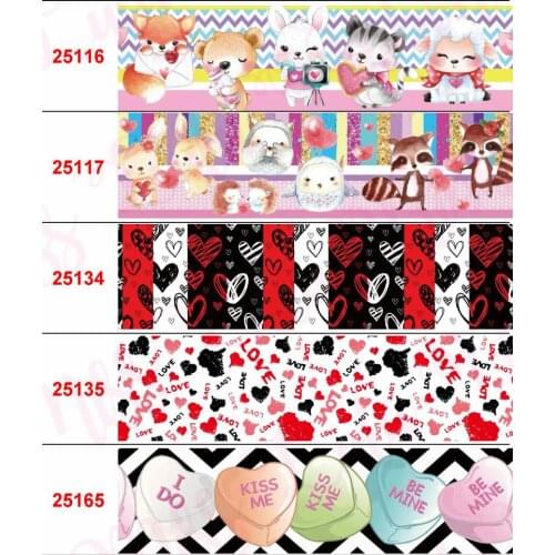 16mm-75mm Love Heart Flower Printed Grosgrain/Foe Ribbon Cartoon Bear Panda DIY Hair Bowknots Happy Valentines Day 50yards/roll