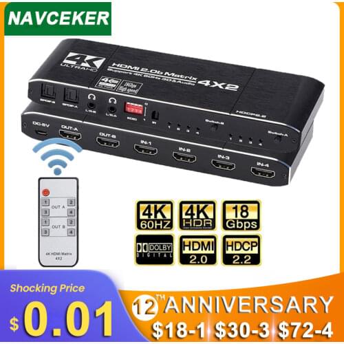 2020 4K@60Hz HDMI Matrix 4x2 Switch Splitter Support HDCP 2.2 IR Remote Control HDMI Switch 4x2 Spdif 4K HDMI 4x2 Matrix Switch