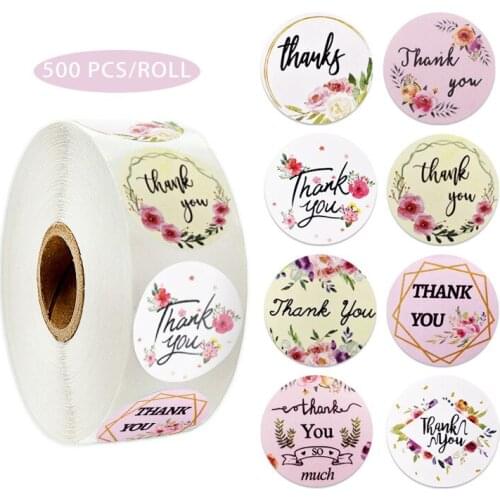 500pcs Per Roll Thank You Stickers Seal Labels 8 Styles Pink Flower Sticker for Envelope Gift Decoration Stationery Cute sticker