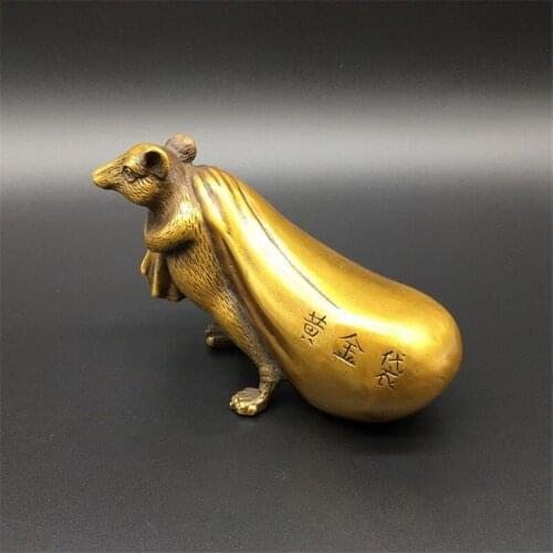 Antique Bronze Chinese 2020 New Year Zodiac Animal Rat Figure Gold Money Bag Statue Home Feng Shui Ornaments Decorations Crafts