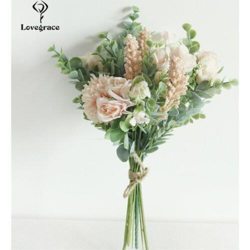 White Pink Artificial Mixed Roses Flowers Bouquet Silk Flowers Green Eucalyptus Fall Fake Leaves Bunch Wedding Home Party Decor