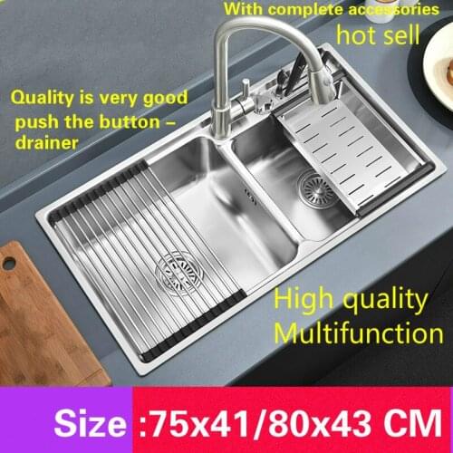 Free shipping Hot sell standard push the button - drainer luxury kitchen double groove sink 304 stainless steel 75x41/80x43 CM