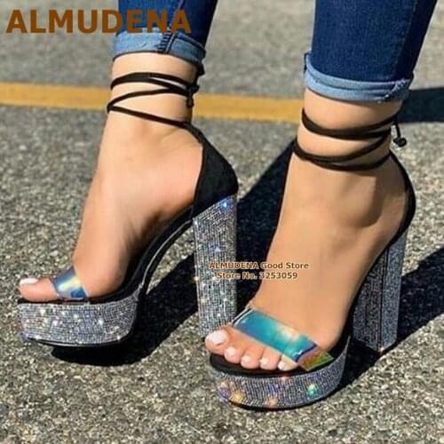 ALMUDEN Bling Bling Crystal Chunky Heel Platform Sandals Hologram Iridescent PVC Strap Wedding Shoes Lace-up Nightclub Pumps