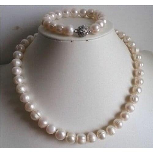 Hot Real 9-10MM white freshwater Cultured Pearl Necklace Bracelets AAA 18"/ 7.5"