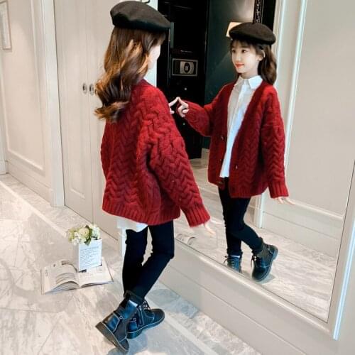 6-12 years children clothes Baby girls sweater autumn Korean fashion cartoon girl clothes Red Knitted Cardigan Coarse Wool Cloth