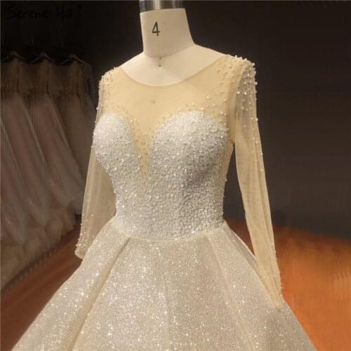 Dubai Champagne Sequined Sparkle Wedding Dresses 2021 Long Sleeve Vintage Princess Bridal Gowns HA2261 Custom Made