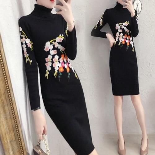 Fashion embroidery knit sweater dress female New robe femme spring / autumn temperament Slim bottoming sweater dresses women