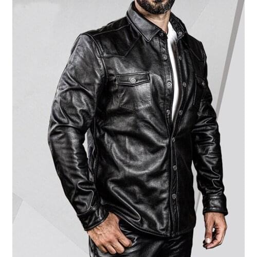 2021 Mens First Layer Cowhide Shirt Spring Autumn Motorcycle Genuine Leather Casual Shirt