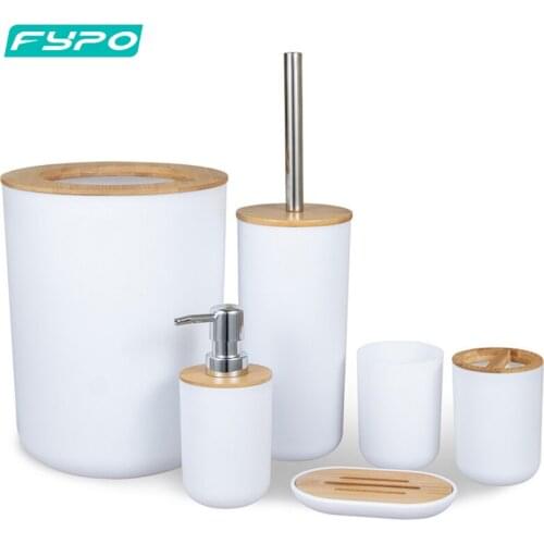 Fypo Bathroom Accessories Set 6 Pieces Bamboo Room Set Toothbrush Holder Soap Dispenser Toilet Brush Trash Can Bathroom Set