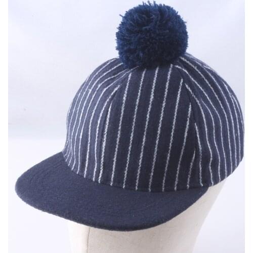 Autumn Winter Woolen Flat Bill Baseball Cap Navy Blue Striped Pom Pom Hats for Kids 2-5years Boys Girls