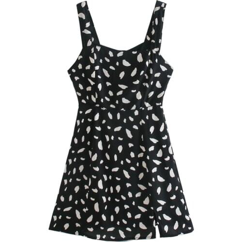 Dresses For Women Elegant Square Neck Slim Vintage Print Summer Dress Sleeveless Side Slit Sexy Party Mini Short Dress Sundress