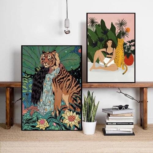 Boho Style Girl Tiger Poster Animal Canvas Painting on The Wall Cheetah Art Print Morden Picture for Living Room Decor Cuadros